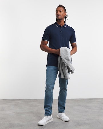 Pure Cotton Navy Pique Tipped Polo Long Length- Navy