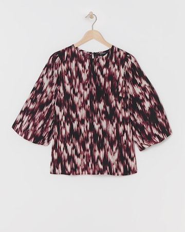 Womens Crew Neck Blouson Sleeve Blouse - Abstract