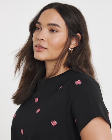 Black & Pink Flower Embroidery T-Shirt