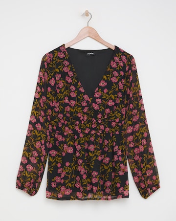 Black Floral Print V Neck Shirred Waist Long Sleeve Blouse