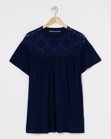 Navy Broderie Yoke Angel Sleeve Longline Top