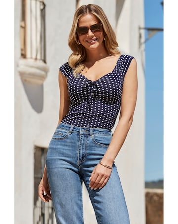 Sosandar Navy Blue & White Spot Print Tie Front Jersey Top