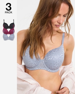 Pretty Secrets (3 Pack) Animal Lace T-Shirt Wired Bras (B-F) Black/Grey/Pink