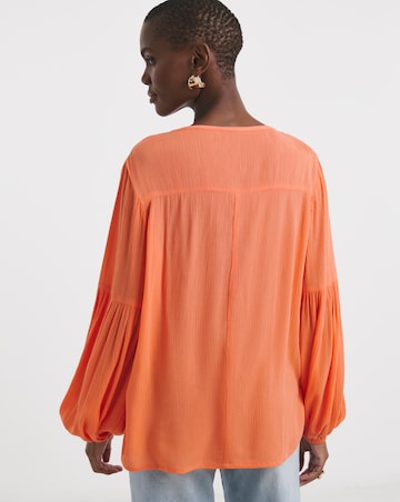 Textured Crinkle Broderie Yoke Trim Blouson Sleeve Blouse