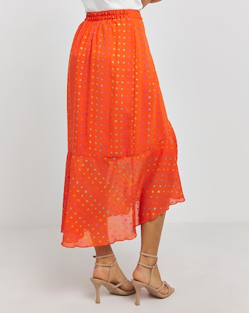 Orange Rainbow Foil Spot Print Tie Waist Frill Midi Skirt