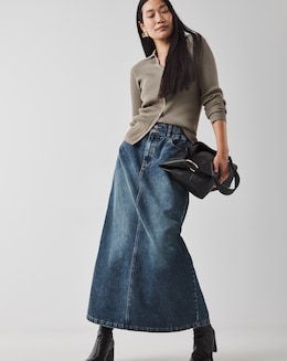 Dark Blue Elasticated Waist Full Denim Skirt