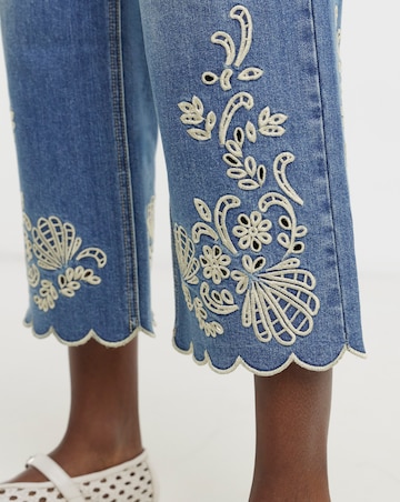 Blue Scallop Hem Broderie Crop Jeans