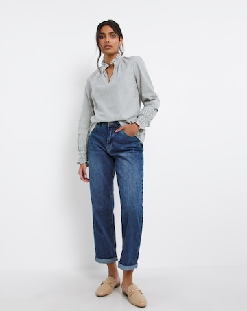 Blue Stripe Pleat Three Quarter Sleeve Blouse