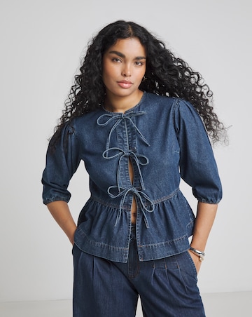 Dark Blue Tie Front Denim Peplum Blouse