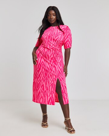 Pink Zebra Print Slinky Ruched Midi Dress