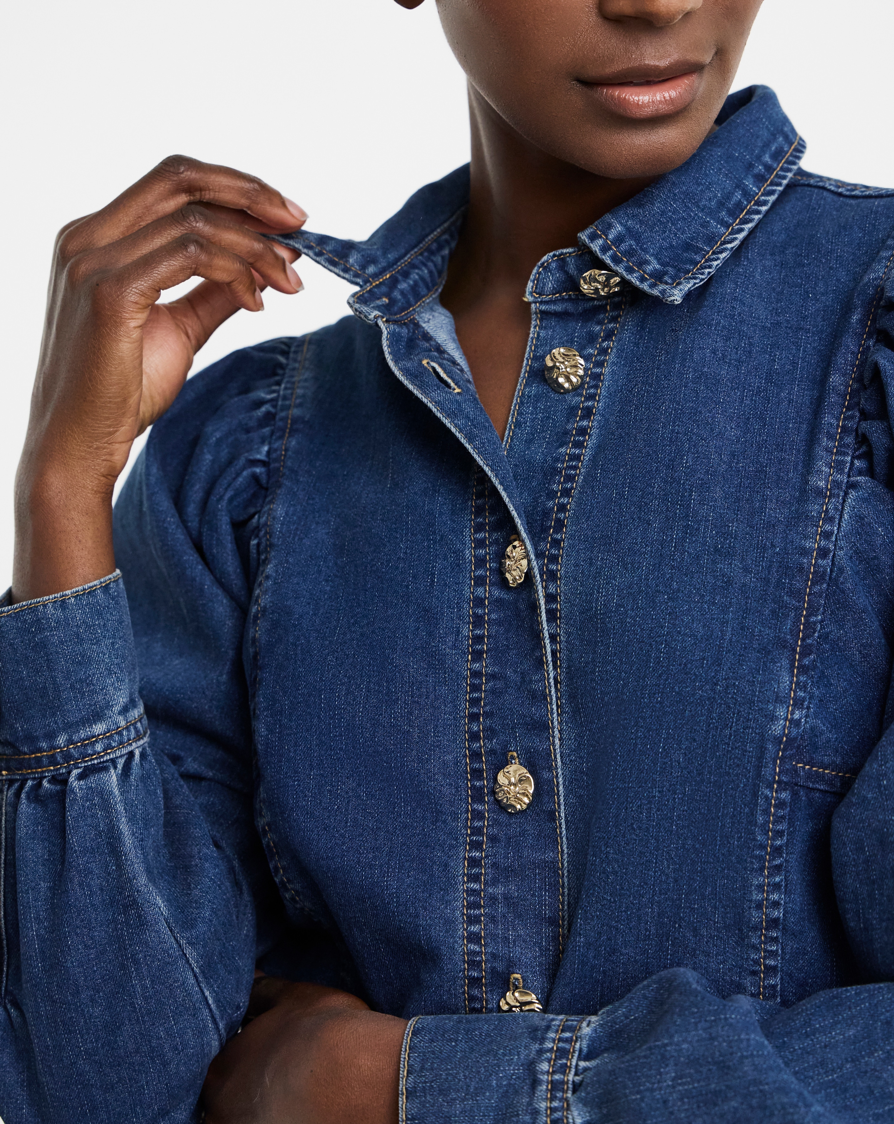 Pure Cotton Mid Blue Volume Sleeve Denim Top | Ambrose Wilson
