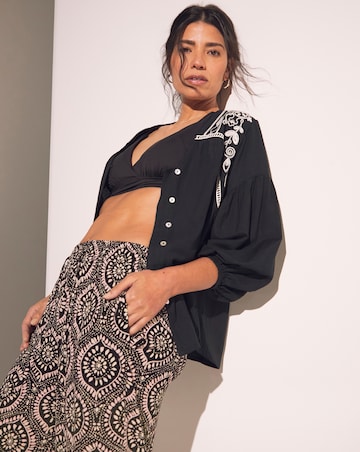 Mono Print Crinkle Shirred Waist Wide Leg Trousers