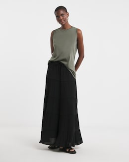 Black Textured Crinkle Tiered Maxi Skirt