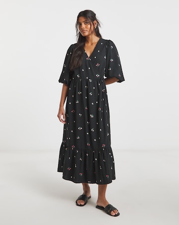 Simply Be Simply Be Ditsy Print Puff Sleeve Woven Wrap Midi Dress