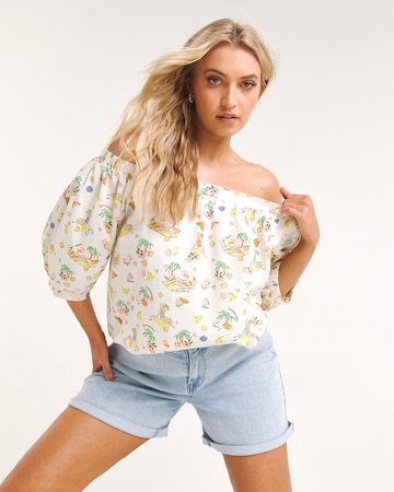 Holiday Print Puff Sleeve Bardot Top