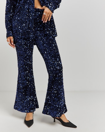 Navy Flared Sequin Trousers