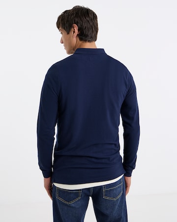 Pure Cotton Long Sleeve Pique Polo Long Length- Navy