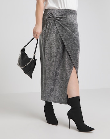 Silver Glitter Knit Twist Side Midaxi Skirt