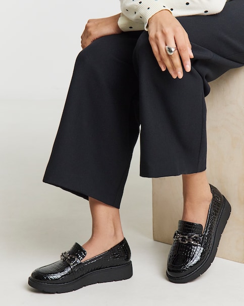 Heavenly Soles Paphos Low Wedge Loafers With Chain Trim - Wide Fit (E)