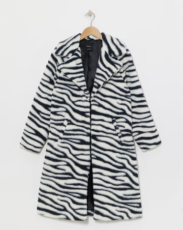 Longline Zebra Print Faux Fur Coat