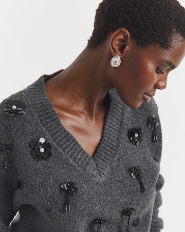 Grey V Neck Embellished Jumper