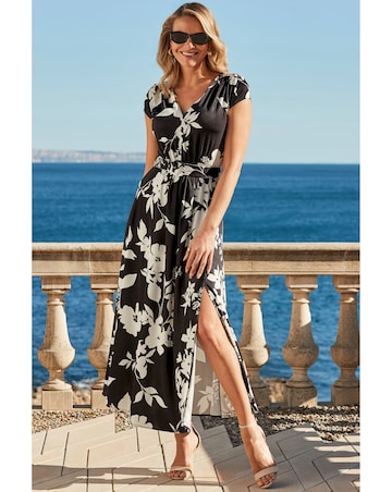 Sosandar Black Floral Print Belted Jersey Maxi Dress