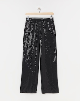 Black Sequin Stretch Pull On Palazzo Trousers