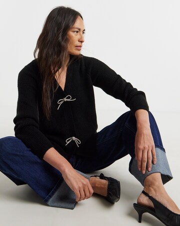 Black Bow Button Long Sleeve Cardigan