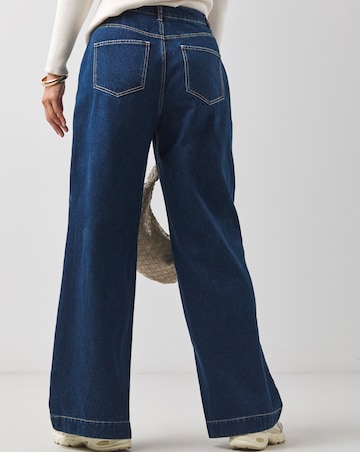 Mid Blue Pleat Front Wide Leg Jeans