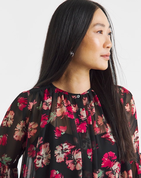 Georgette Collarless Blouson Sleeve Blouse