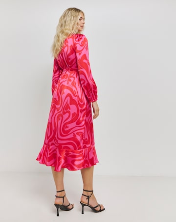 Pink And Red Swirl Print Satin Wrap Dress