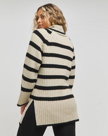 Beige and Black Stripe Roll Neck Jumper