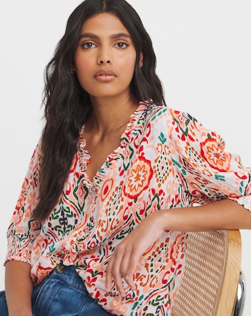 Printed Crinkle Frill Trim Top