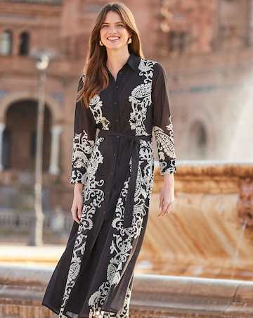 Sosandar Black& White Floral Print Belted Midi Shirt Dress