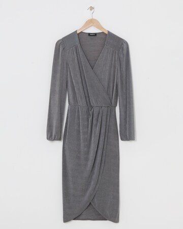 Silver Grey Slinky Wrap Front Midi Dress