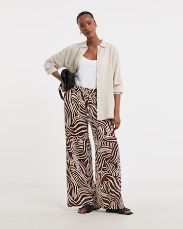 Brown Print Crinkle Pull On Wide Leg Trousers