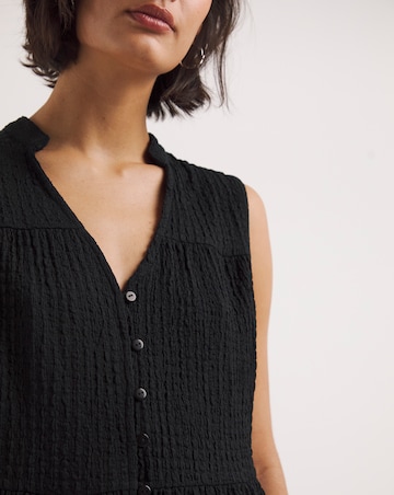 Black Textured Tie Neck Button Front Top