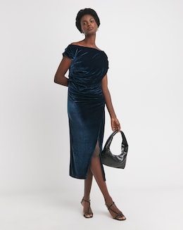Velvet Asymmetric Neckline Midi Dress