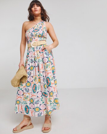 Native Youth One Shoulder Shirred Postcard Midaxi Pocket Dress