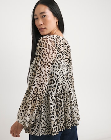 Leopard Print Mesh Tie Front Blouse