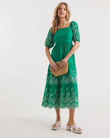 Broderie Tiered Dress With Puff Sleeves