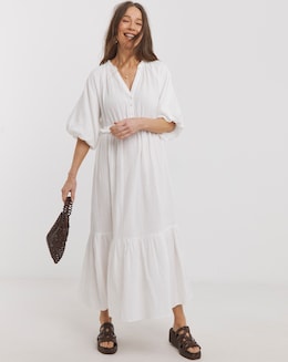Pure Cotton Textured Bubble Sleeve Maxi Dress