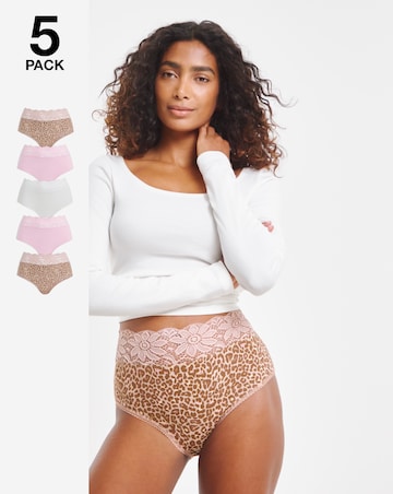 Pretty Secrets (5 Pack) Lace Top Full Brief Knickers Animal Print