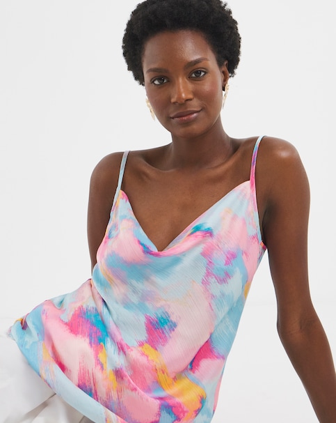 Printed Satin Cowl Neck Strappy Cami