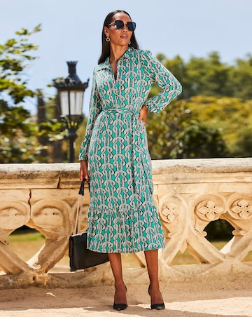 Sosandar Green Chain Print Jersey Ruffle Hem Midi Shirt Dress
