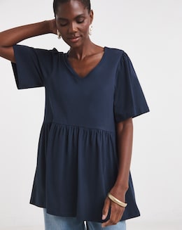 Pure Cotton V Neck SS Peplum Hem Longline Top