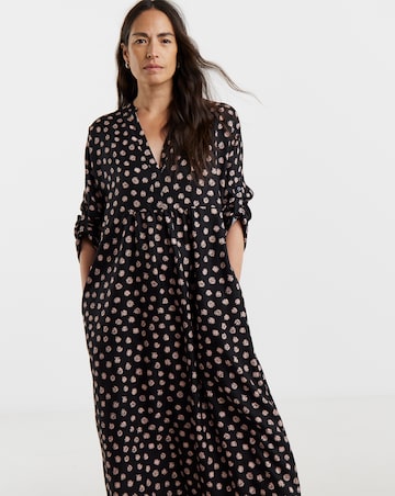 Collarless Placket 3/4 Sleeve Smock Dress