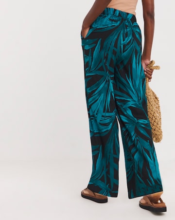 Black Palm Printed Spun Viscose Pull On Wide Leg Trousers