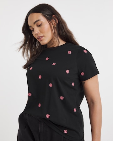 Black & Pink Flower Embroidery T-Shirt