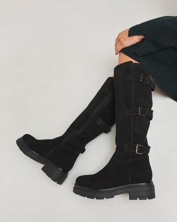 Kiah Suede Multi Buckle Chunky Knee High Boots - Wide Fit (E) & Super Curvy Calf